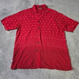 Axist Mens Medium Button Down Shirt Red Washable Silk Geometric Diamond Short Sv